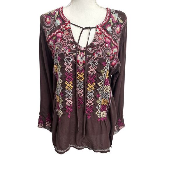 Johnny Was Biya Silk Tunic Blouse Embroidered Size Small Preppy Trendy - Picture 2 of 14